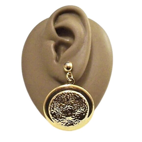 Hammered Discs Hoop Pierced Post Earrings Gold Tone - Picture 1 of 5